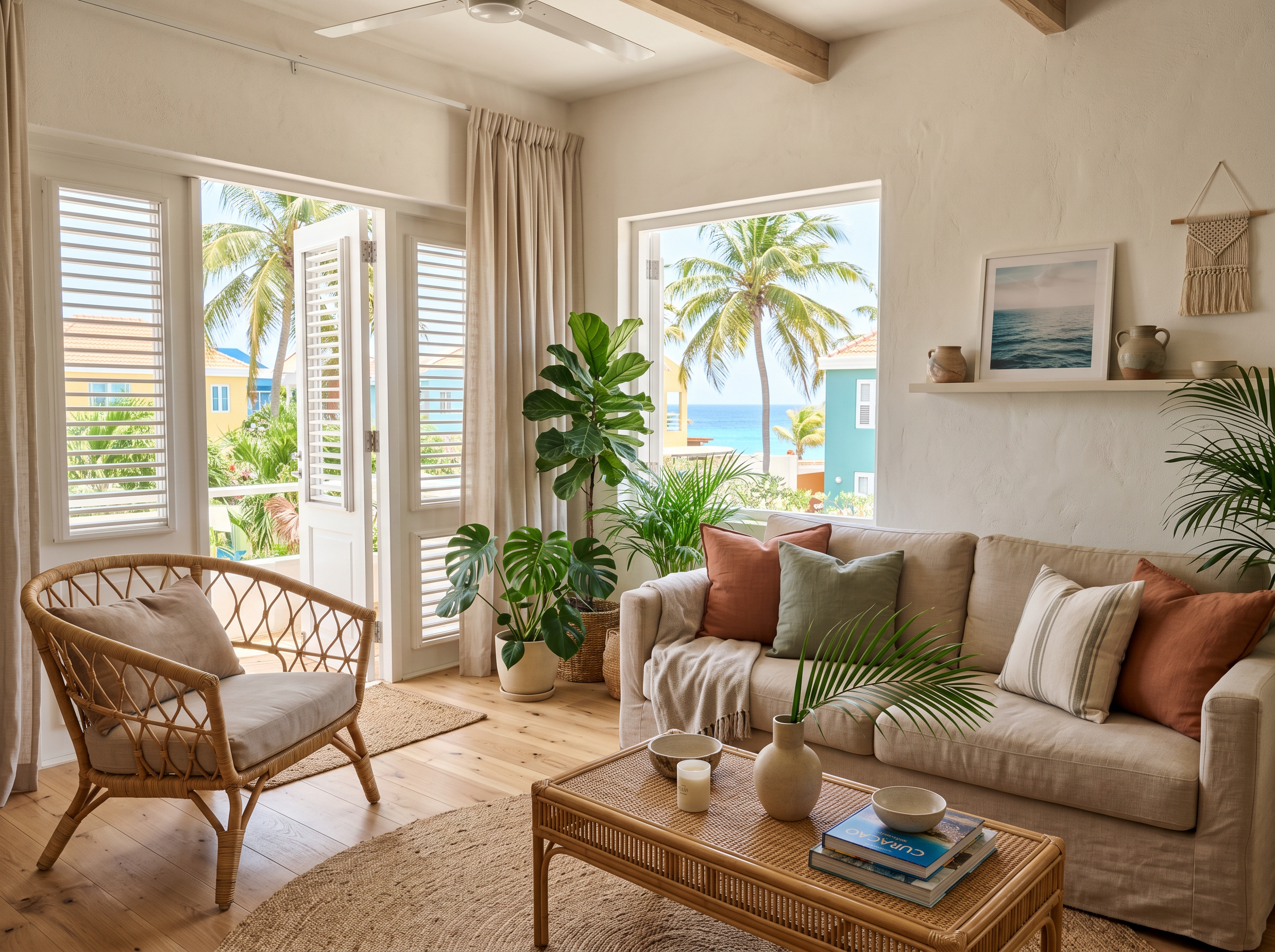 Bright Caribbean apartment interior with linen sofa, rattan accents and tropical view