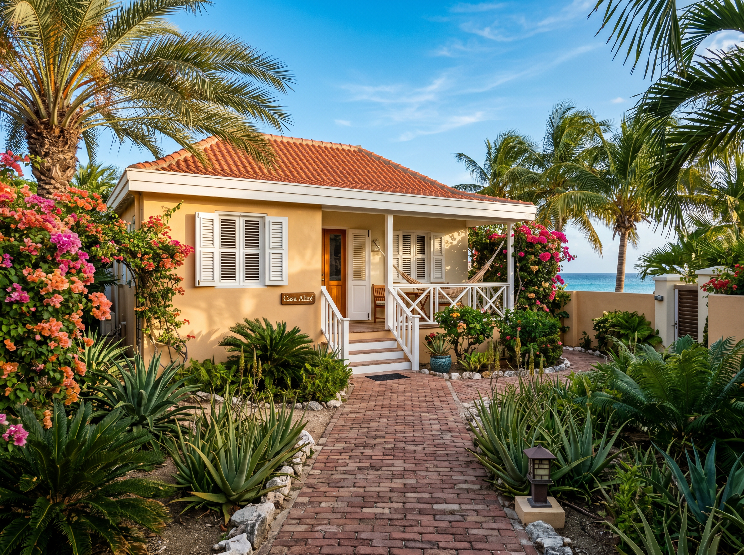 Casa Aloe — terracotta roofed bungalow with porch and tropical garden