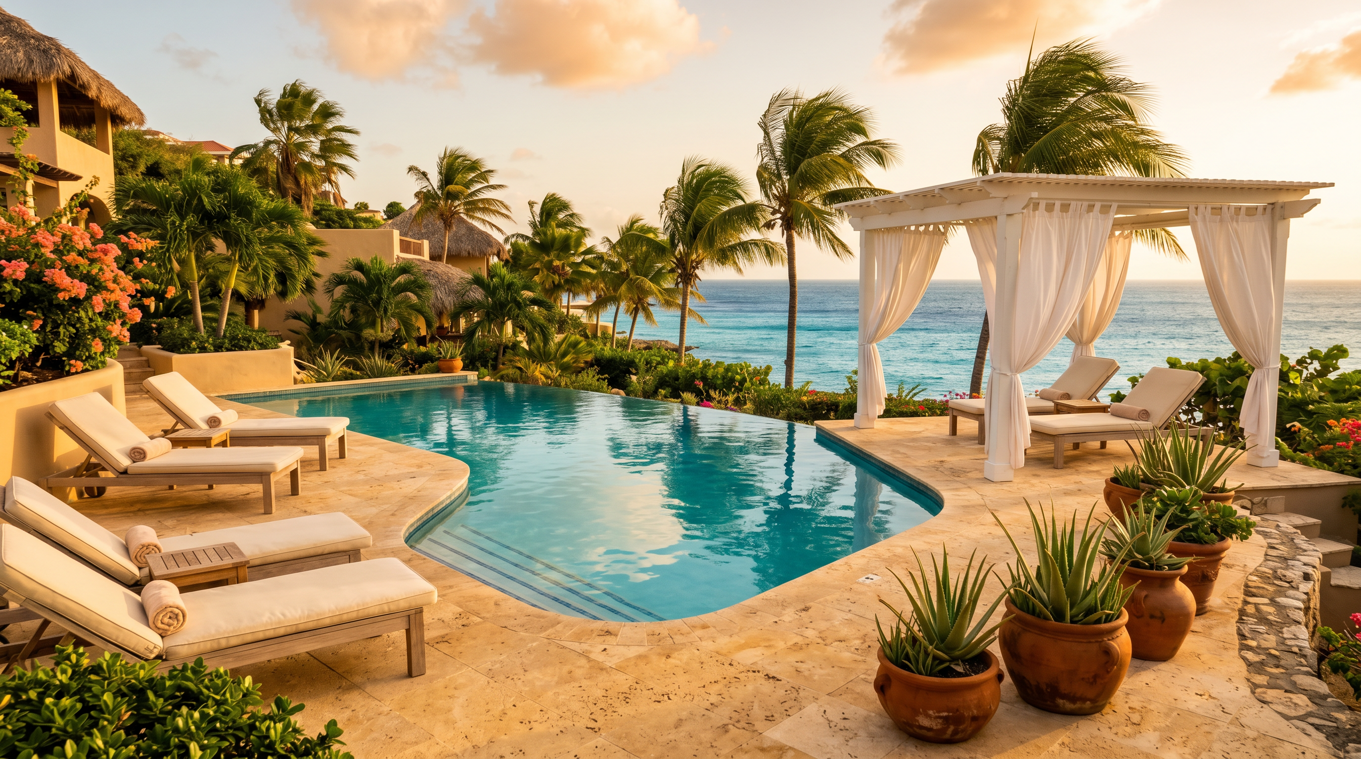 Studio Palma — pool view with cabanas and tropical lounging area